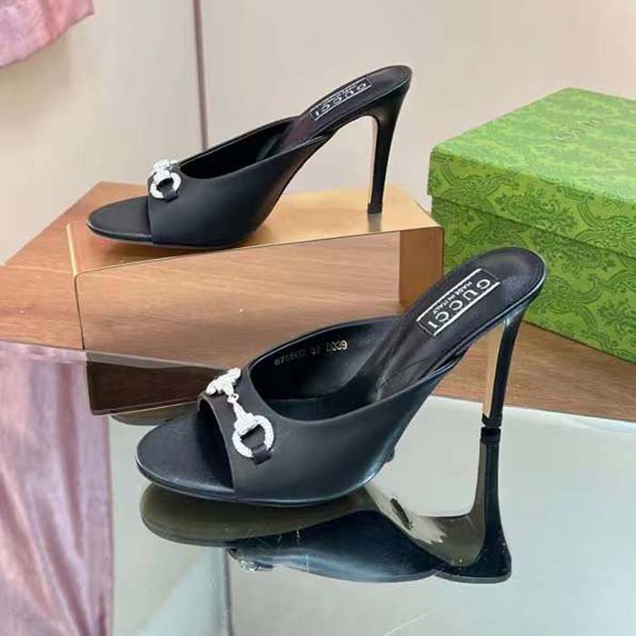 Gucci Women GG Horsebit Mid-Heel Slide Sandal Black Leather Crystals