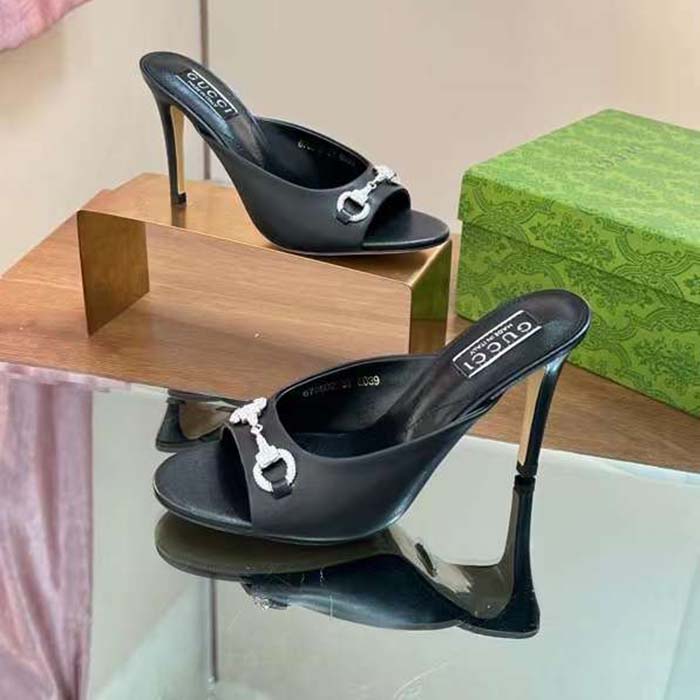 Gucci Women GG Horsebit Mid-Heel Slide Sandal Black Leather Crystals