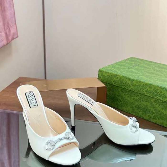 Gucci Women GG Horsebit Mid-Heel Slide Sandal White Leather Crystals