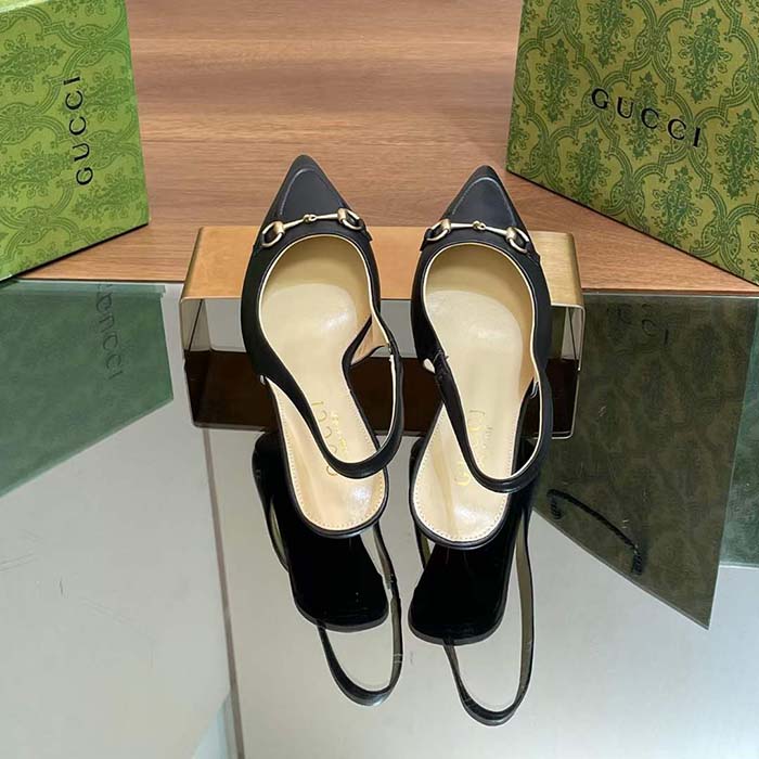 Gucci Women GG Horsebit Slingback Pump Black Leather Low Heel