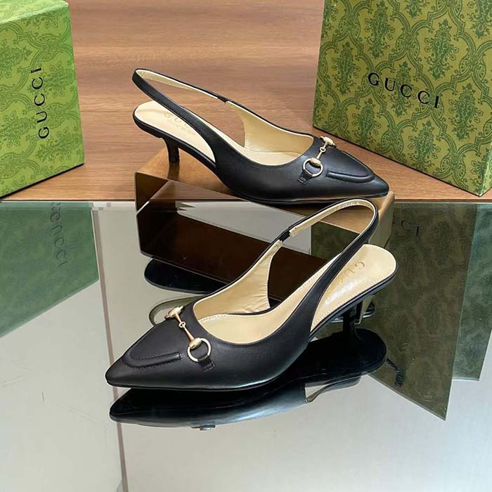 Gucci Women GG Horsebit Slingback Pump Black Leather Low Heel