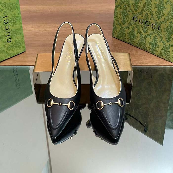 Gucci Women GG Horsebit Slingback Pump Black Leather Low Heel