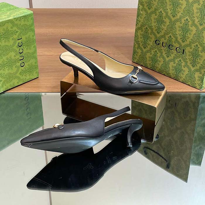 Gucci Women GG Horsebit Slingback Pump Black Leather Low Heel