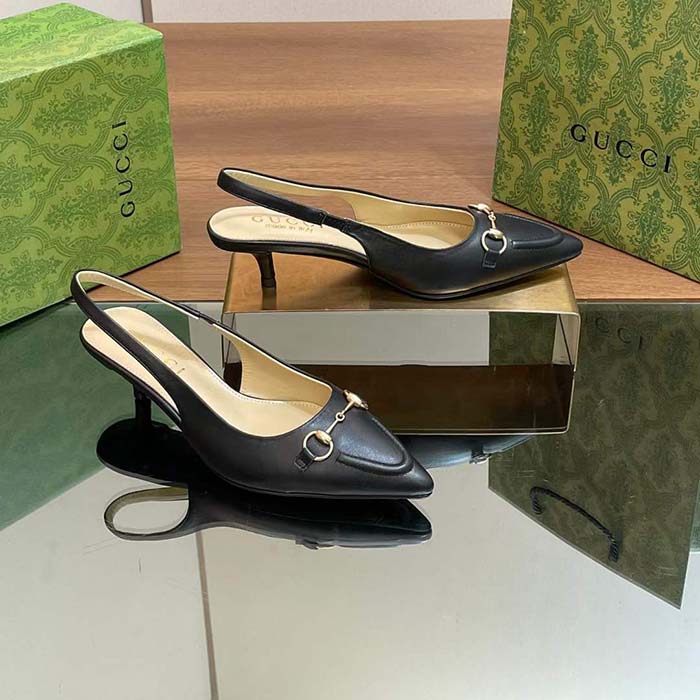 Gucci Women GG Horsebit Slingback Pump Black Leather Low Heel