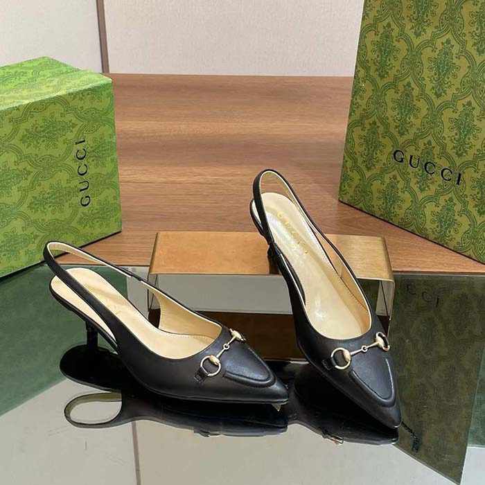 Gucci Women GG Horsebit Slingback Pump Black Leather Low Heel