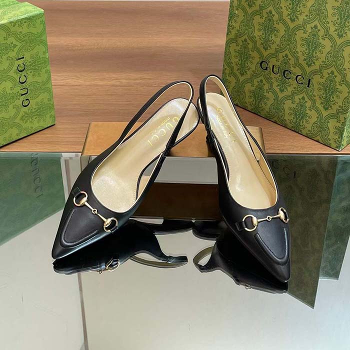 Gucci Women GG Horsebit Slingback Pump Black Leather Low Heel