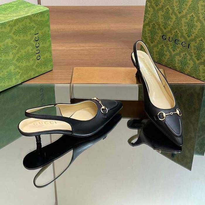 Gucci Women GG Horsebit Slingback Pump Black Leather Low Heel