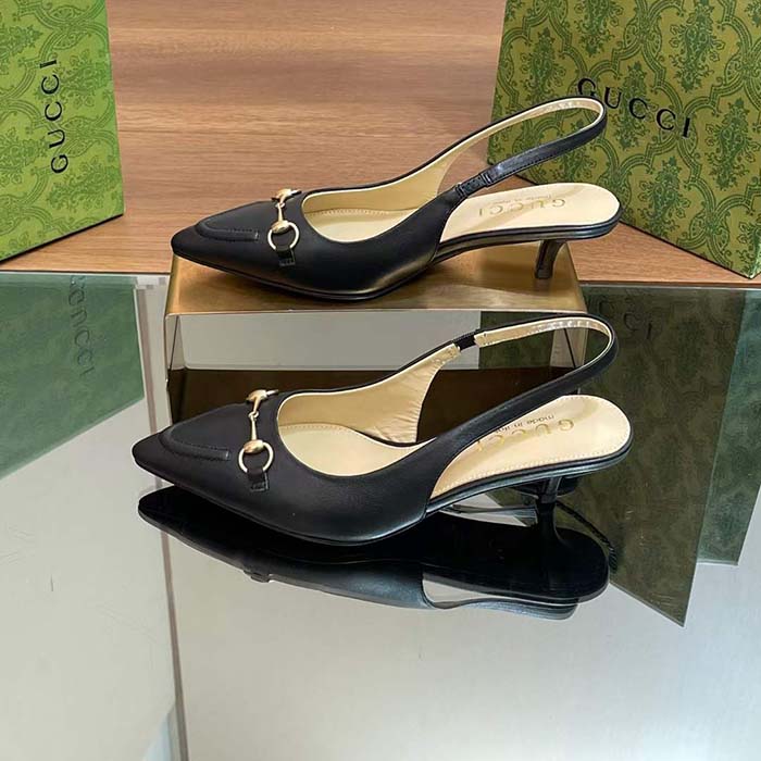 Gucci Women GG Horsebit Slingback Pump Black Leather Low Heel