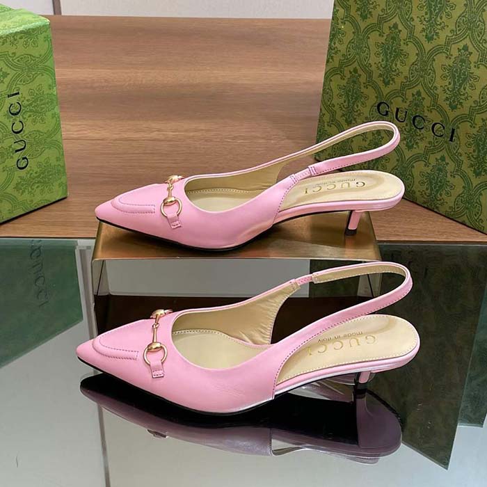 Gucci Women GG Horsebit Slingback Pump Pastel Pink Leather Low Heel
