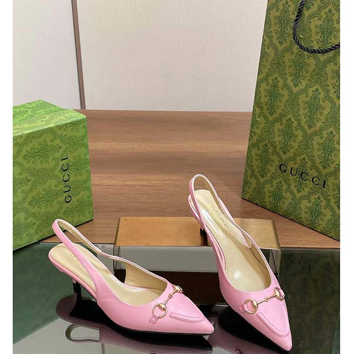 Gucci Women GG Horsebit Slingback Pump Pastel Pink Leather Low Heel