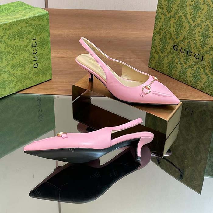 Gucci Women GG Horsebit Slingback Pump Pastel Pink Leather Low Heel