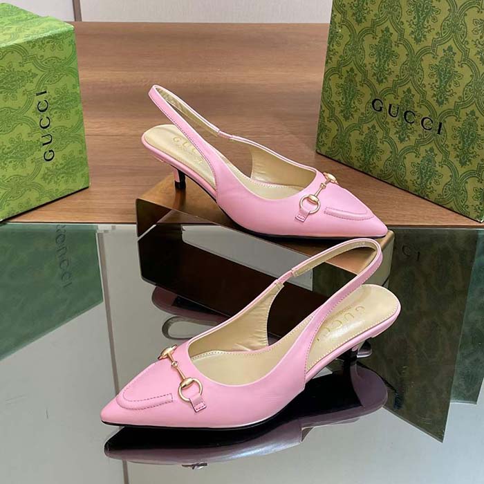 Gucci Women GG Horsebit Slingback Pump Pastel Pink Leather Low Heel