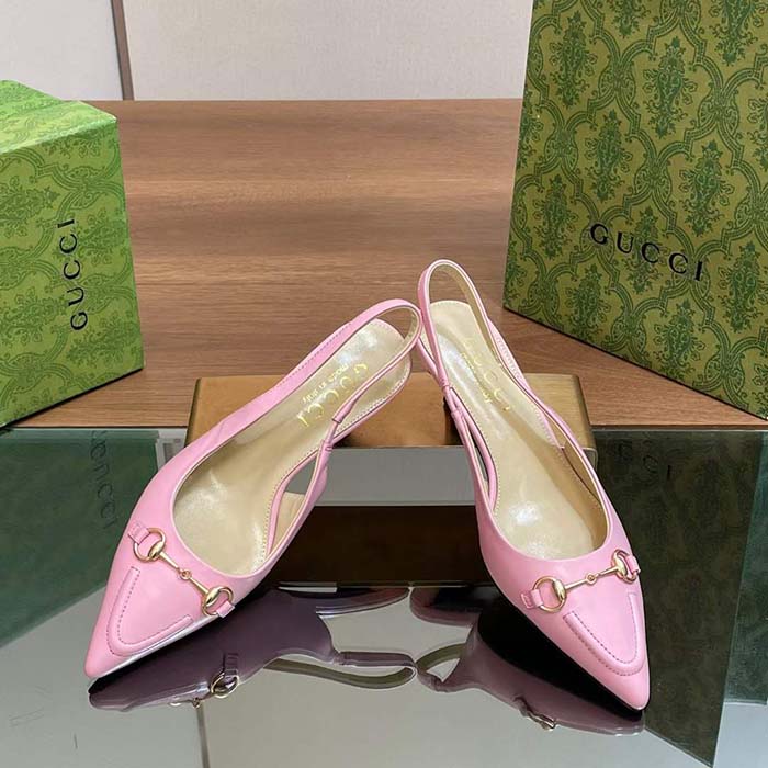 Gucci Women GG Horsebit Slingback Pump Pastel Pink Leather Low Heel