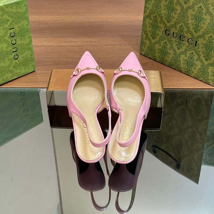 Gucci Women GG Horsebit Slingback Pump Pastel Pink Leather Low Heel