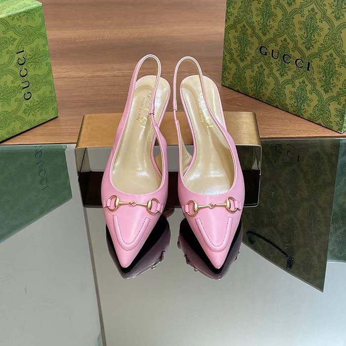 Gucci Women GG Horsebit Slingback Pump Pastel Pink Leather Low Heel