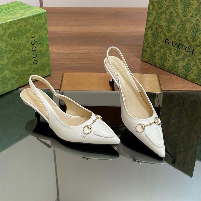 Gucci Women GG Horsebit Slingback Pump White Leather Low Heel