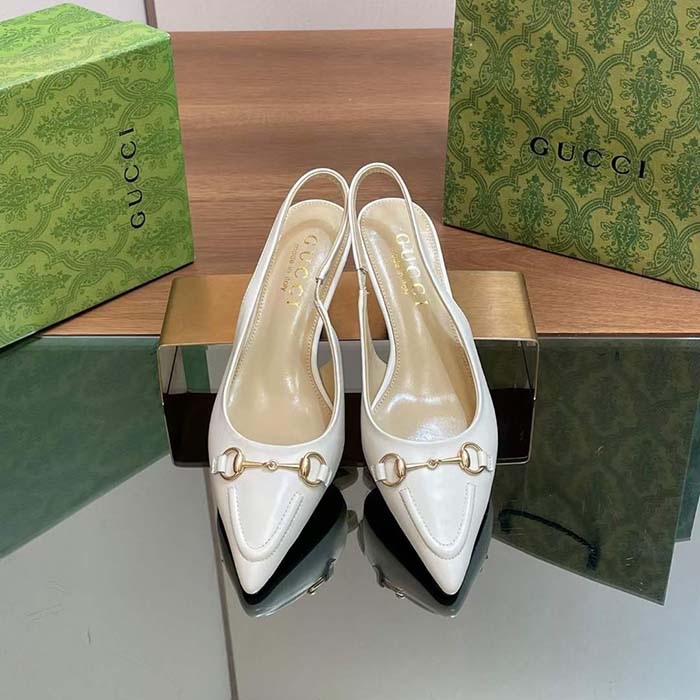 Gucci Women GG Horsebit Slingback Pump White Leather Low Heel