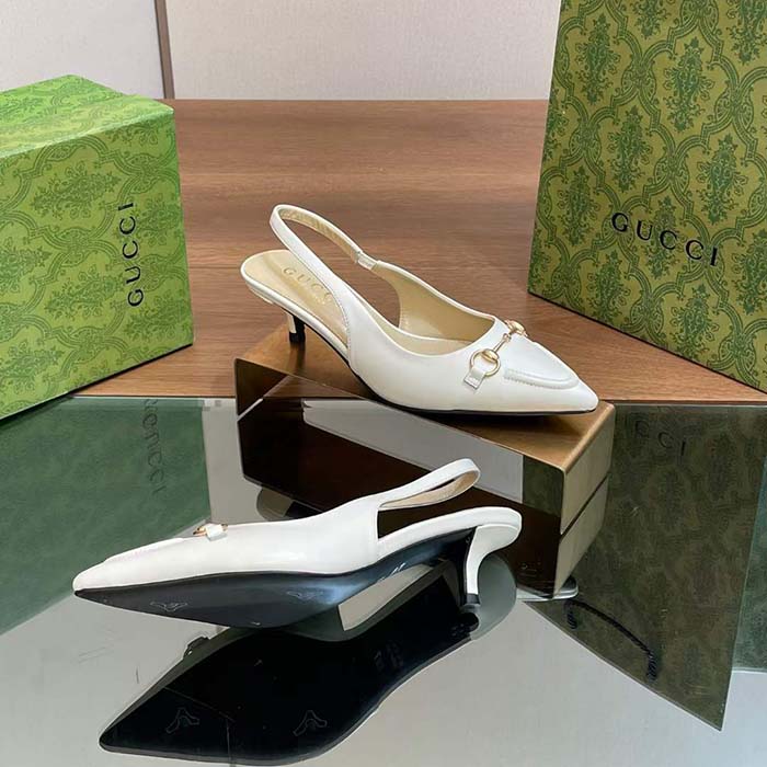 Gucci Women GG Horsebit Slingback Pump White Leather Low Heel