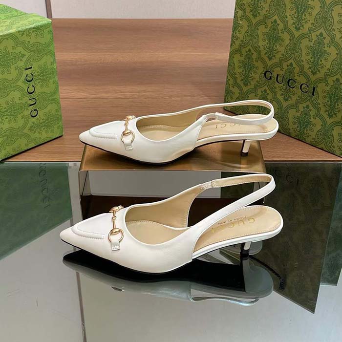 Gucci Women GG Horsebit Slingback Pump White Leather Low Heel