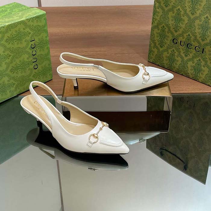 Gucci Women GG Horsebit Slingback Pump White Leather Low Heel