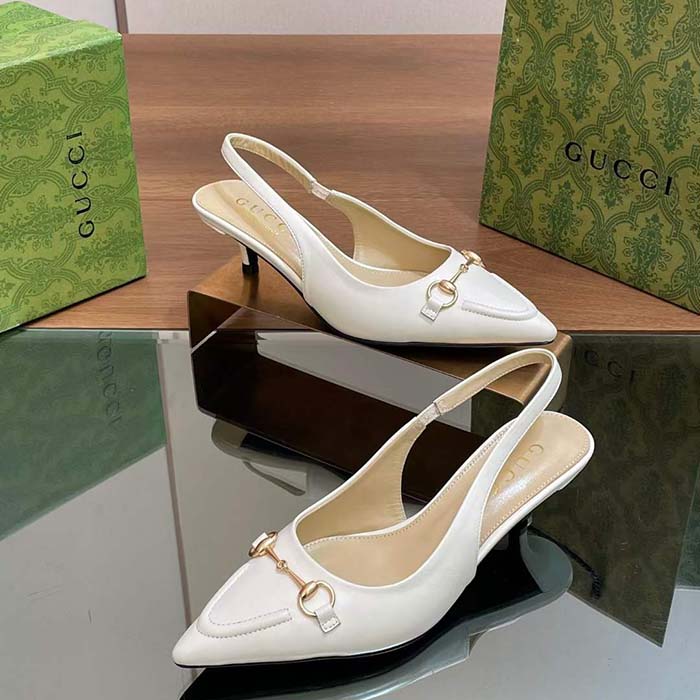 Gucci Women GG Horsebit Slingback Pump White Leather Low Heel