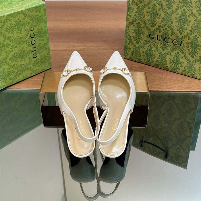 Gucci Women GG Horsebit Slingback Pump White Leather Low Heel