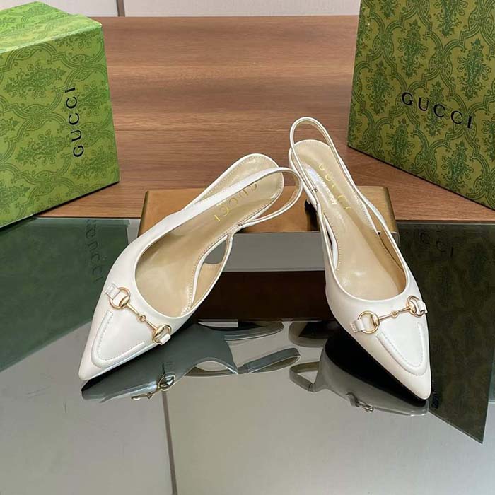 Gucci Women GG Horsebit Slingback Pump White Leather Low Heel