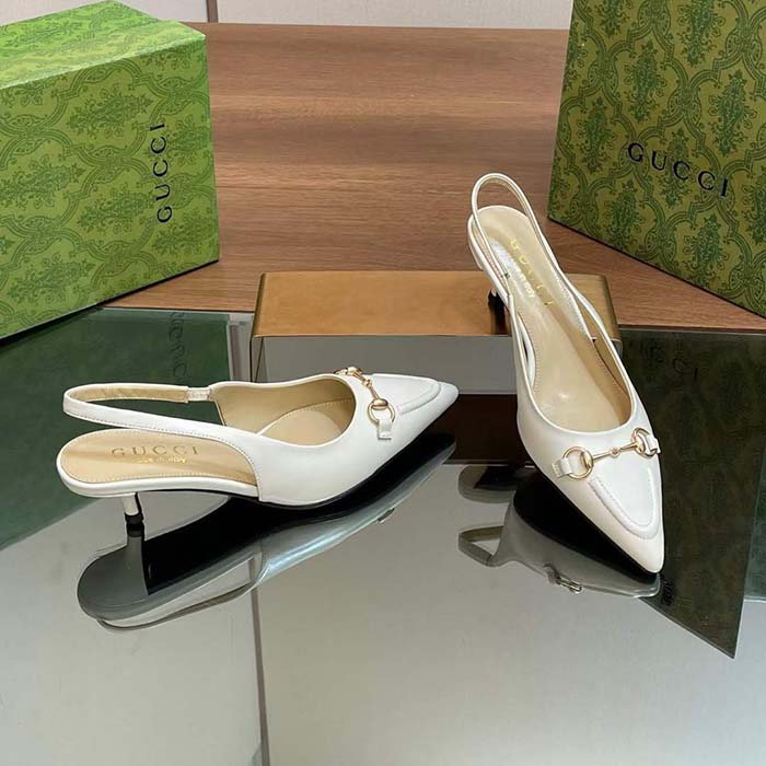 Gucci Women GG Horsebit Slingback Pump White Leather Low Heel