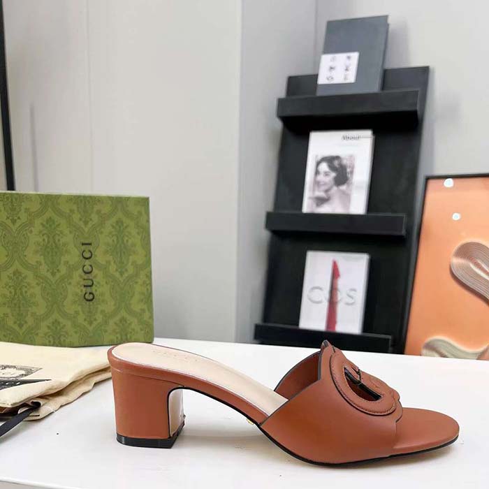Gucci Women GG Interlocking G Slide Sandal Brown Leather Mid-Heel