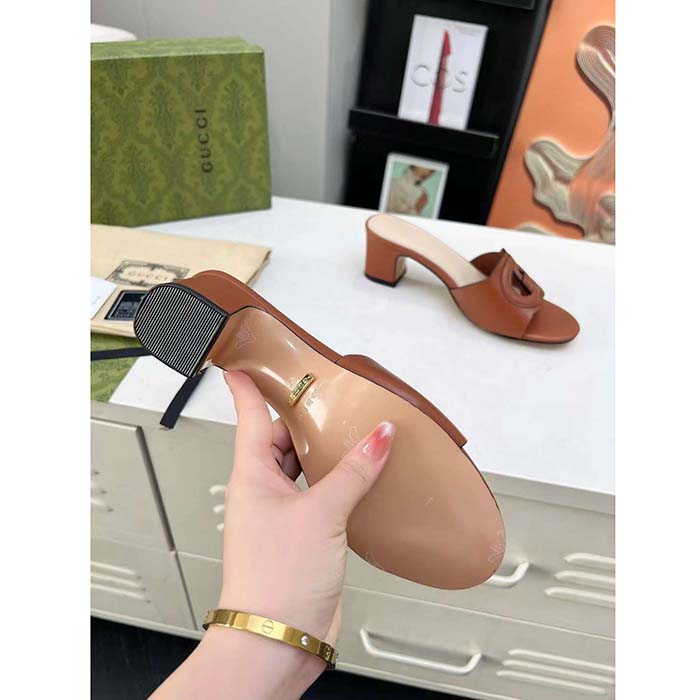Gucci Women GG Interlocking G Slide Sandal Brown Leather Mid-Heel