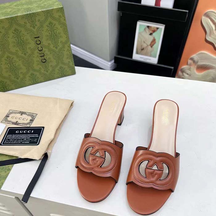 Gucci Women GG Interlocking G Slide Sandal Brown Leather Mid-Heel