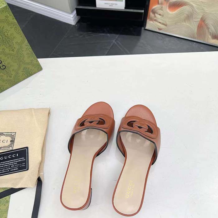 Gucci Women GG Interlocking G Slide Sandal Brown Leather Mid-Heel