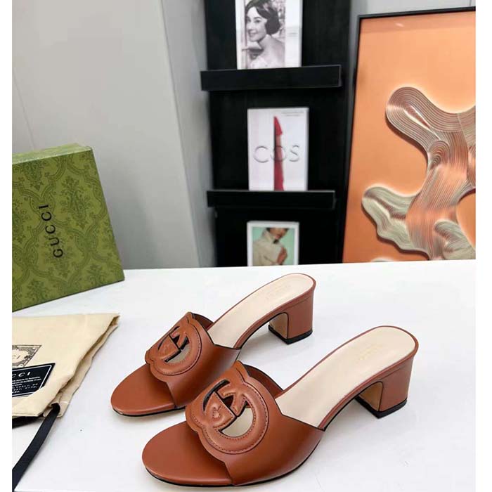 Gucci Women GG Interlocking G Slide Sandal Brown Leather Mid-Heel