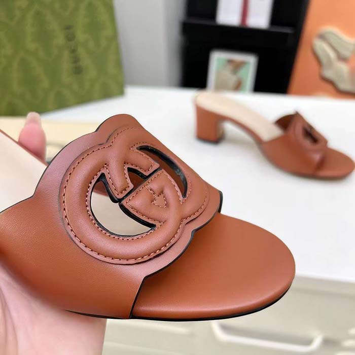 Gucci Women GG Interlocking G Slide Sandal Brown Leather Mid-Heel