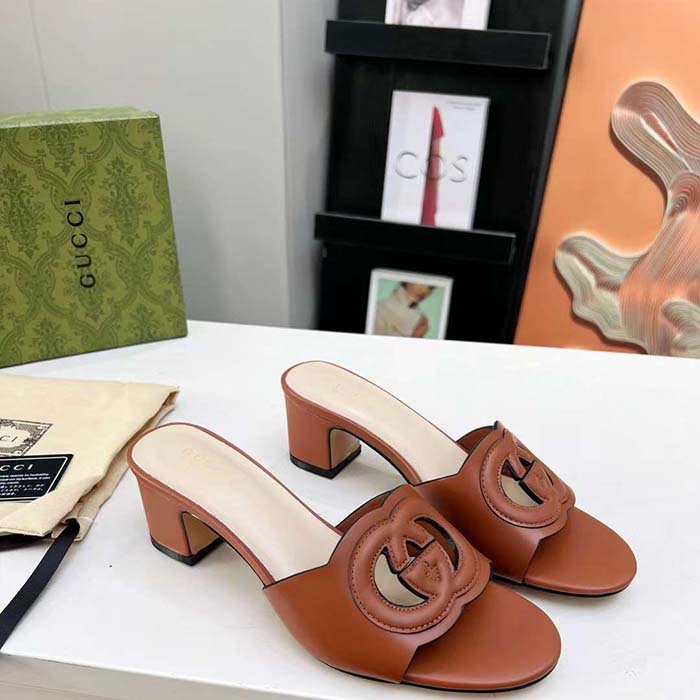 Gucci Women GG Interlocking G Slide Sandal Brown Leather Mid-Heel