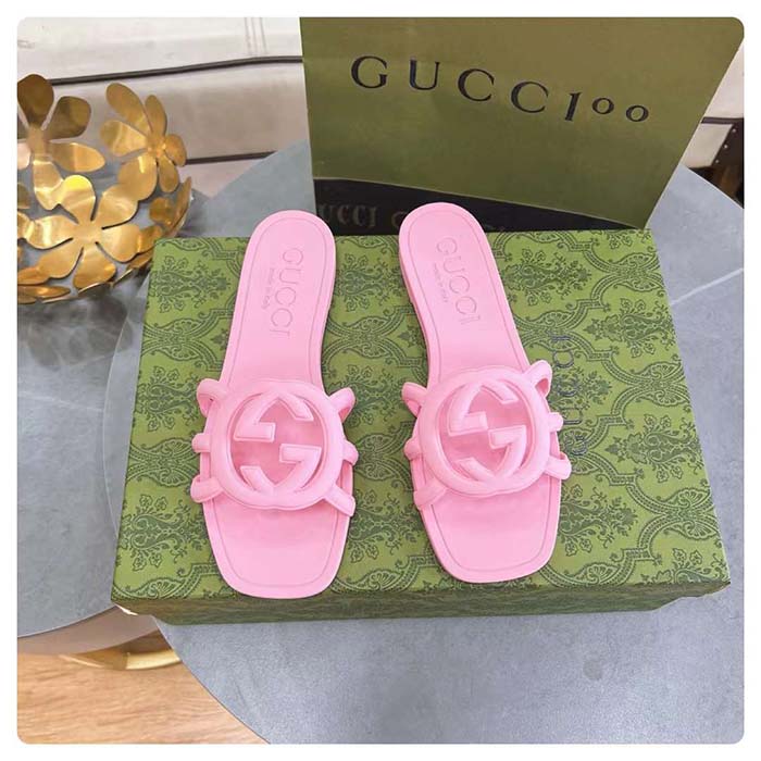 Gucci Women GG Interlocking G Slide Sandal Pink Rubber Flat