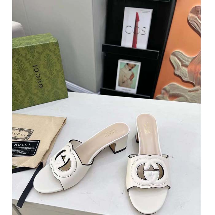 Gucci Women GG Interlocking G Slide Sandal White Leather Mid-Heel