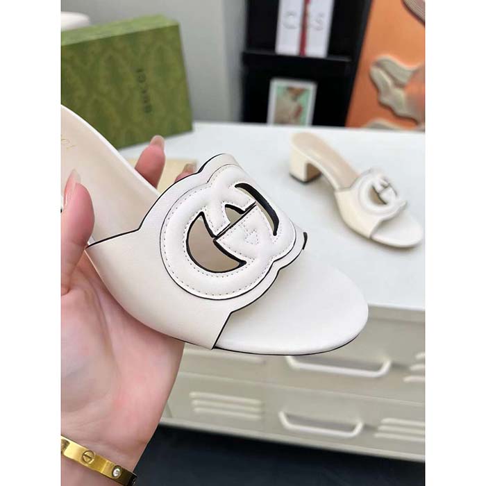 Gucci Women GG Interlocking G Slide Sandal White Leather Mid-Heel