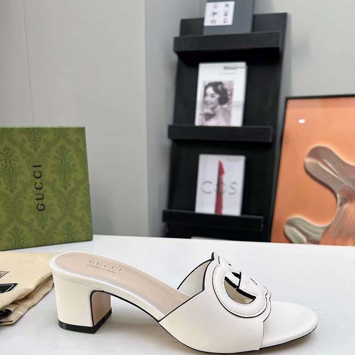 Gucci Women GG Interlocking G Slide Sandal White Leather Mid-Heel
