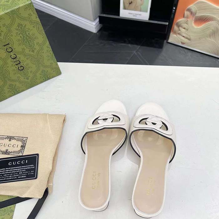 Gucci Women GG Interlocking G Slide Sandal White Leather Mid-Heel