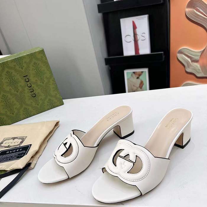 Gucci Women GG Interlocking G Slide Sandal White Leather Mid-Heel