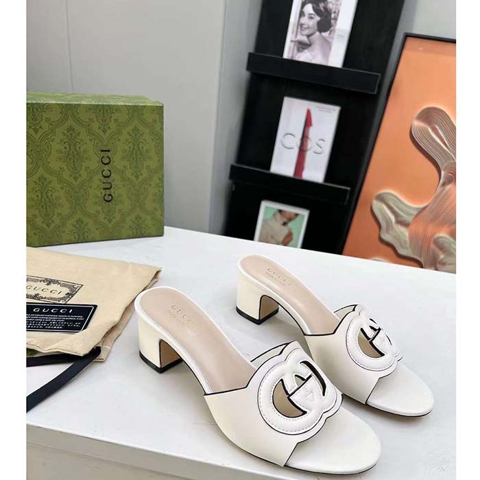 Gucci Women GG Interlocking G Slide Sandal White Leather Mid-Heel