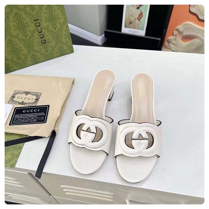 Gucci Women GG Interlocking G Slide Sandal White Leather Mid-Heel