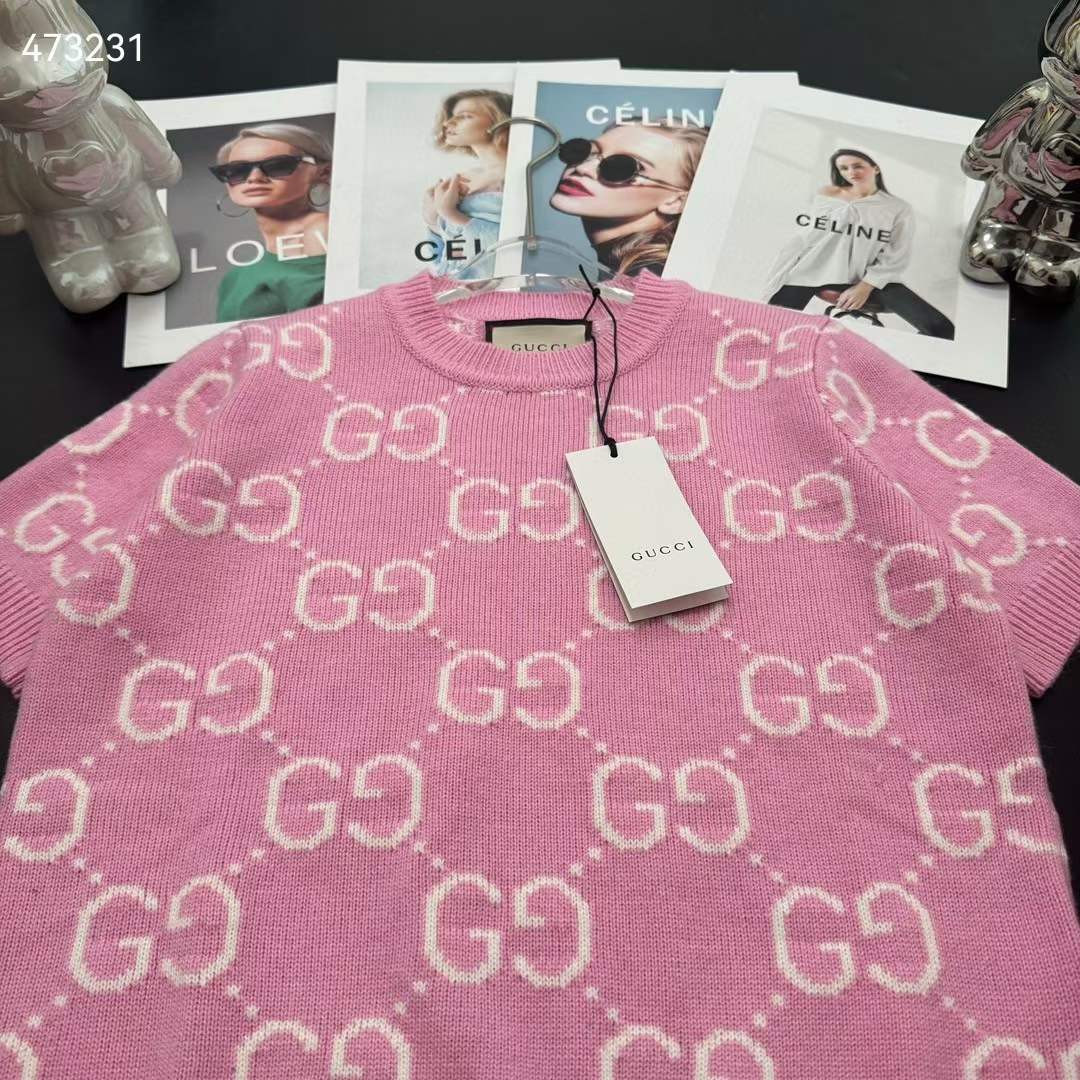 Gucci Women GG Knit Wool Top Pink Crewneck Short Sleeves
