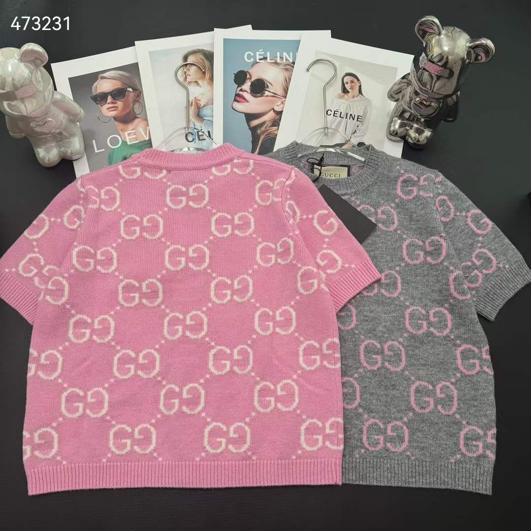Gucci Women GG Knit Wool Top Pink Crewneck Short Sleeves
