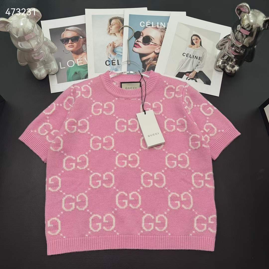 Gucci Women GG Knit Wool Top Pink Crewneck Short Sleeves