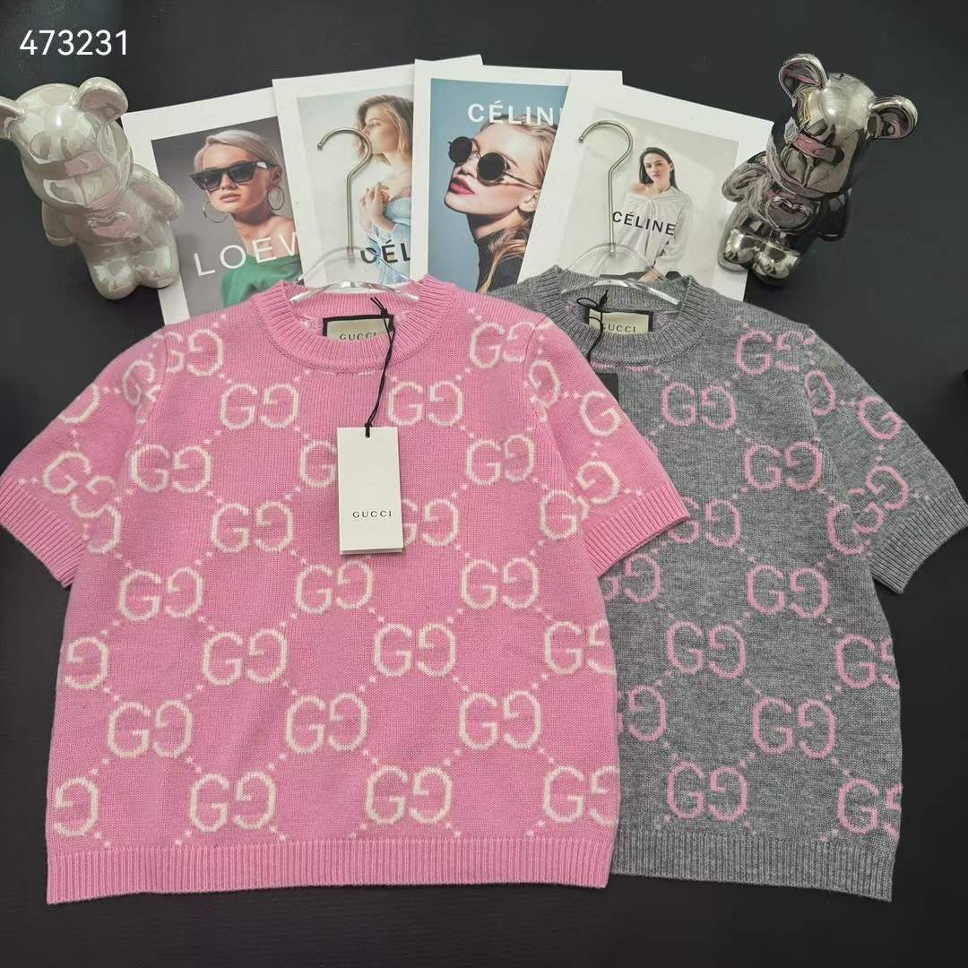 Gucci Women GG Knit Wool Top Pink Crewneck Short Sleeves