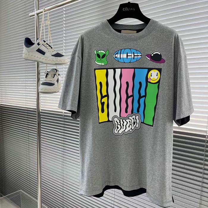 Gucci Women GG Reversible Cotton Jersey T-Shirt Grey Crewneck Short Sleeves