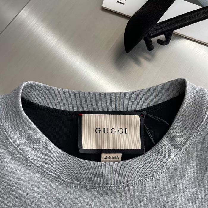 Gucci Women GG Reversible Cotton Jersey T-Shirt Grey Crewneck Short Sleeves