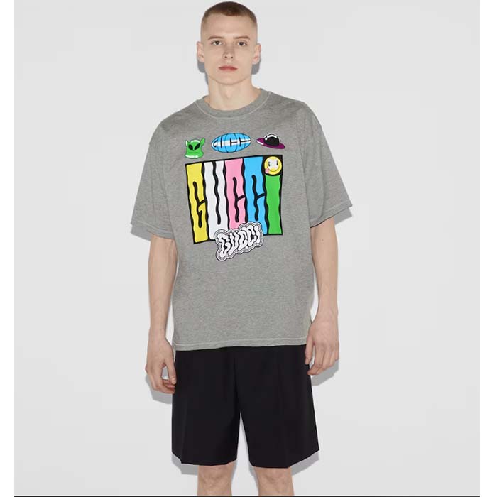 Gucci Men GG Reversible Cotton Jersey T-Shirt Grey Crewneck Short Sleeves